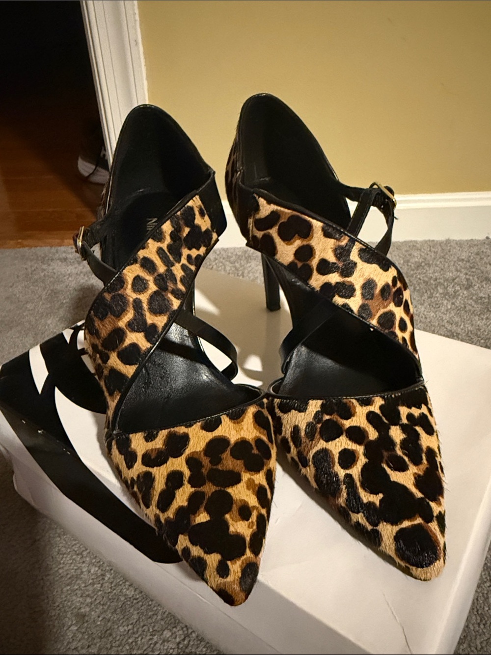 Nine West Leopard Print Pointed-Toe Cross-Strap Heels